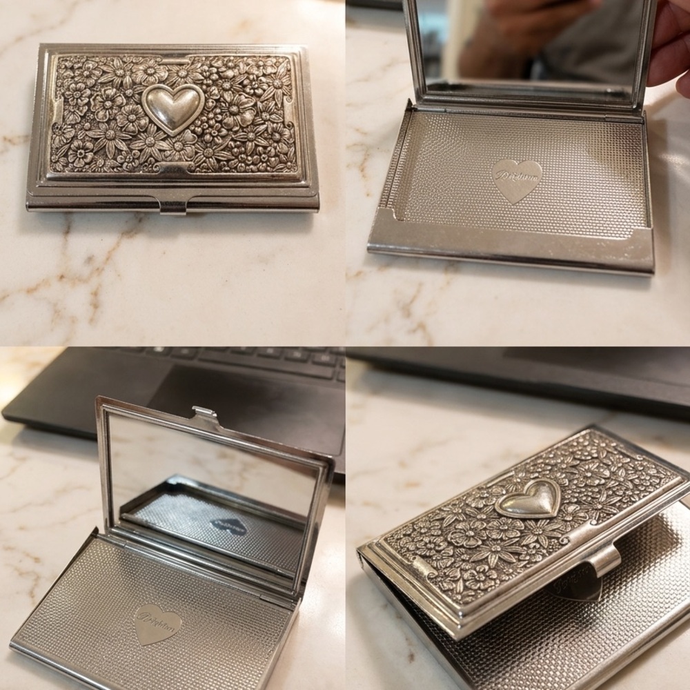 Brighton Silver Tone Credit Card Holder w/ Heart  & Flowers